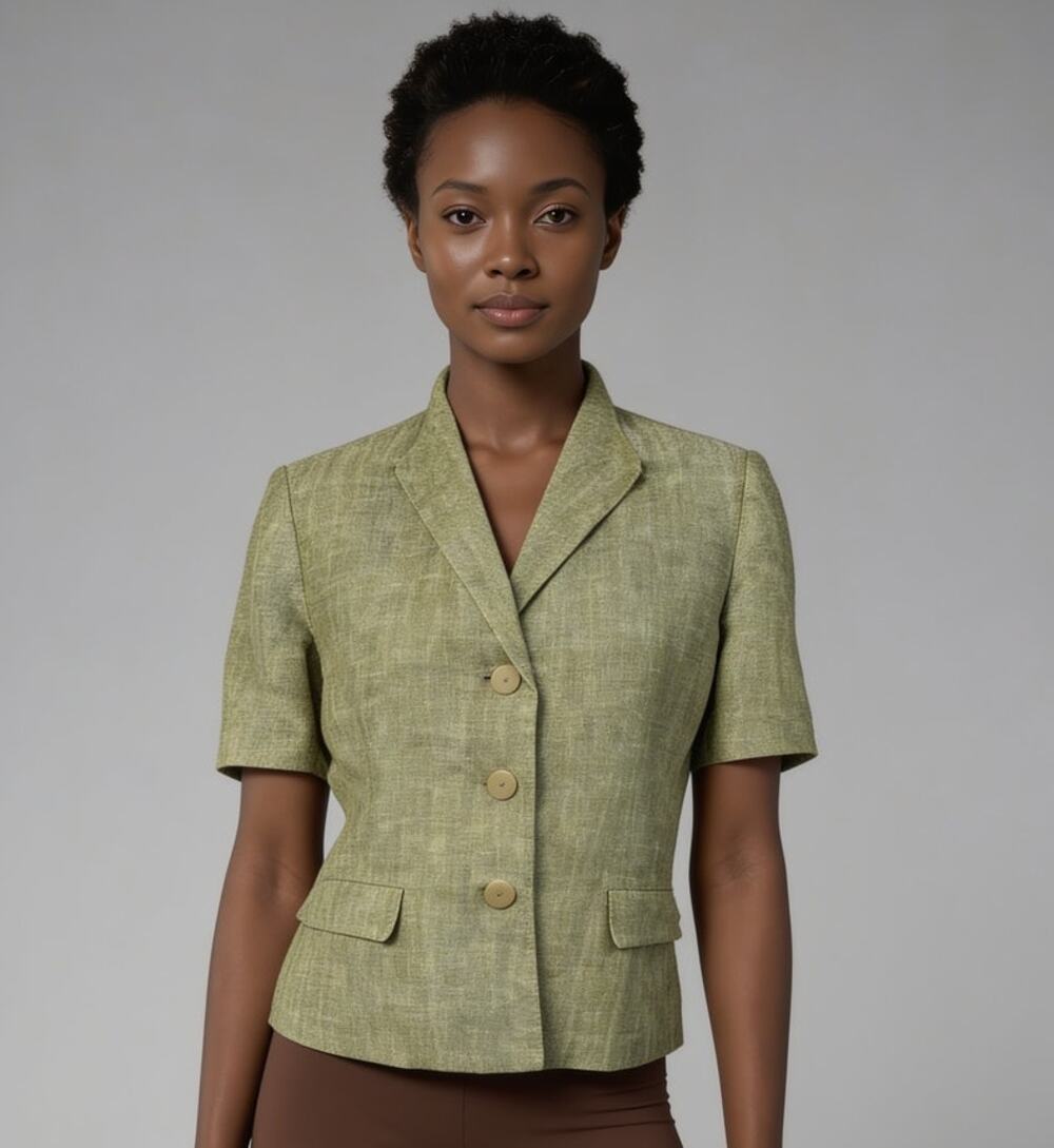 Kasper Classics Linen Blazer Jacket Green Petite 8P Short Sleeve Career